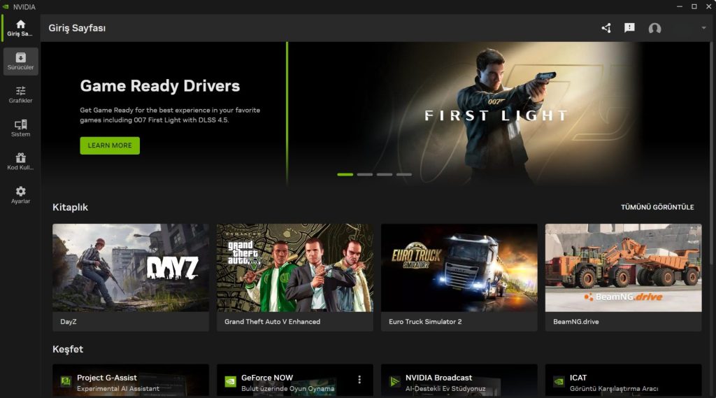 NVIDIA App Arayüzü