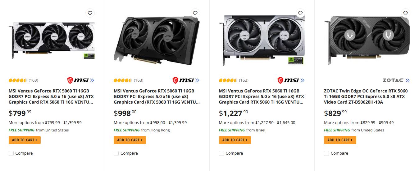 MSI ve ZOTAC RTX 5060 Ti 16 GB Newegg fiyatları