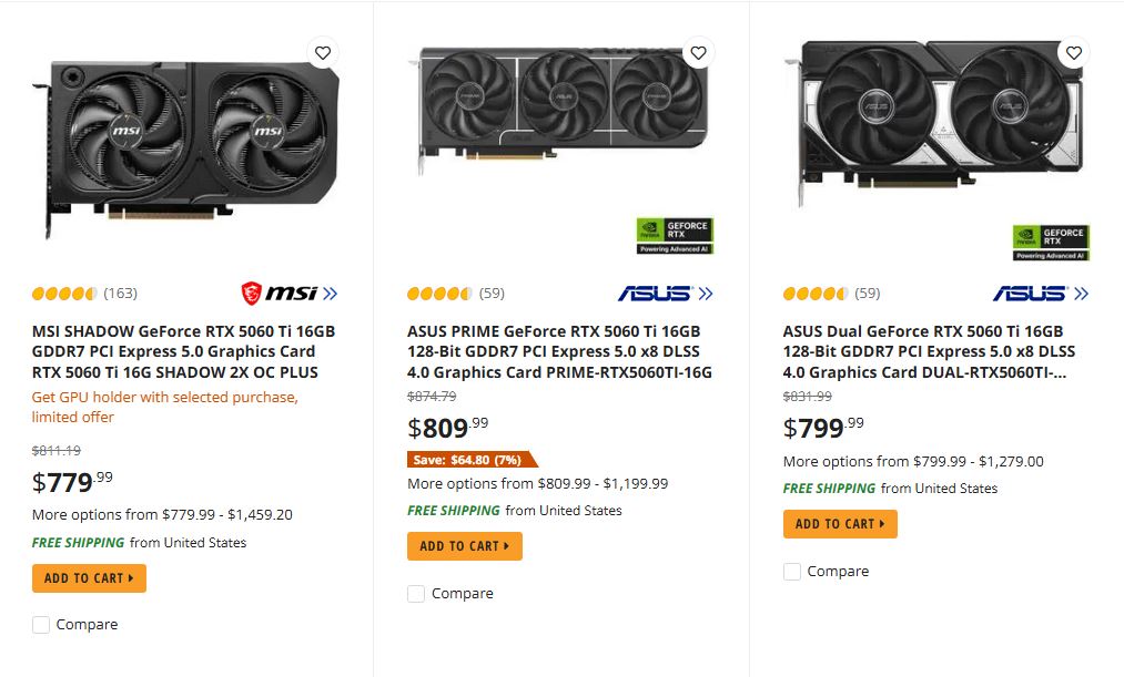Newegg'de RTX 5060 Ti 16 GB fiyat listesi